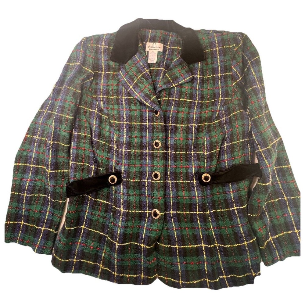JT Collection 16WP Plaid Blazer Vtg Velvet Collar Gold Buttons Textured Check
